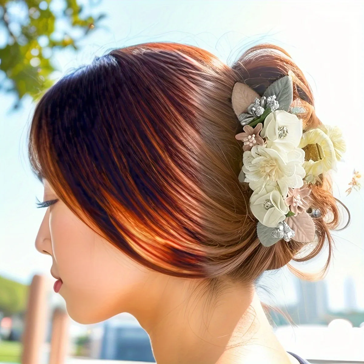 Large Fabric Flower Hair Claw Clip Elegant Korean Style Handmade Floral Satin Plaid Hair Styling Accessory For Women