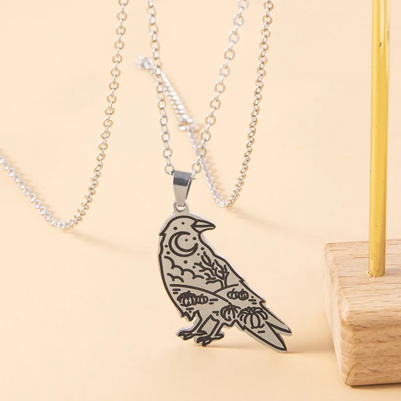 Crow Raven Pendant Necklace Stainless Steel Engraved Moon Pumpkin Tree Halloween Gothic Punk Biker Jewelry For Men Women