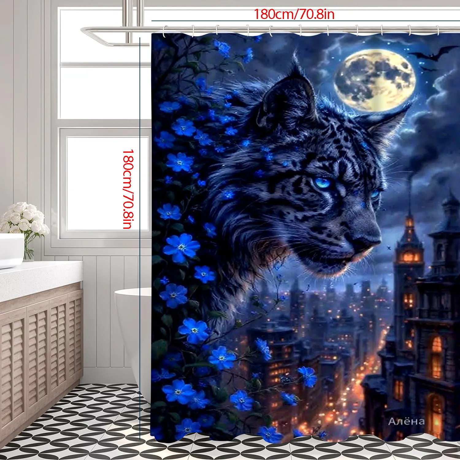 Fantasy Animal Leopard Lion Starry Night Fractal Pattern Shower Curtain Waterproof Polyester Fabric Bathroom Decorative Accessory Hooks