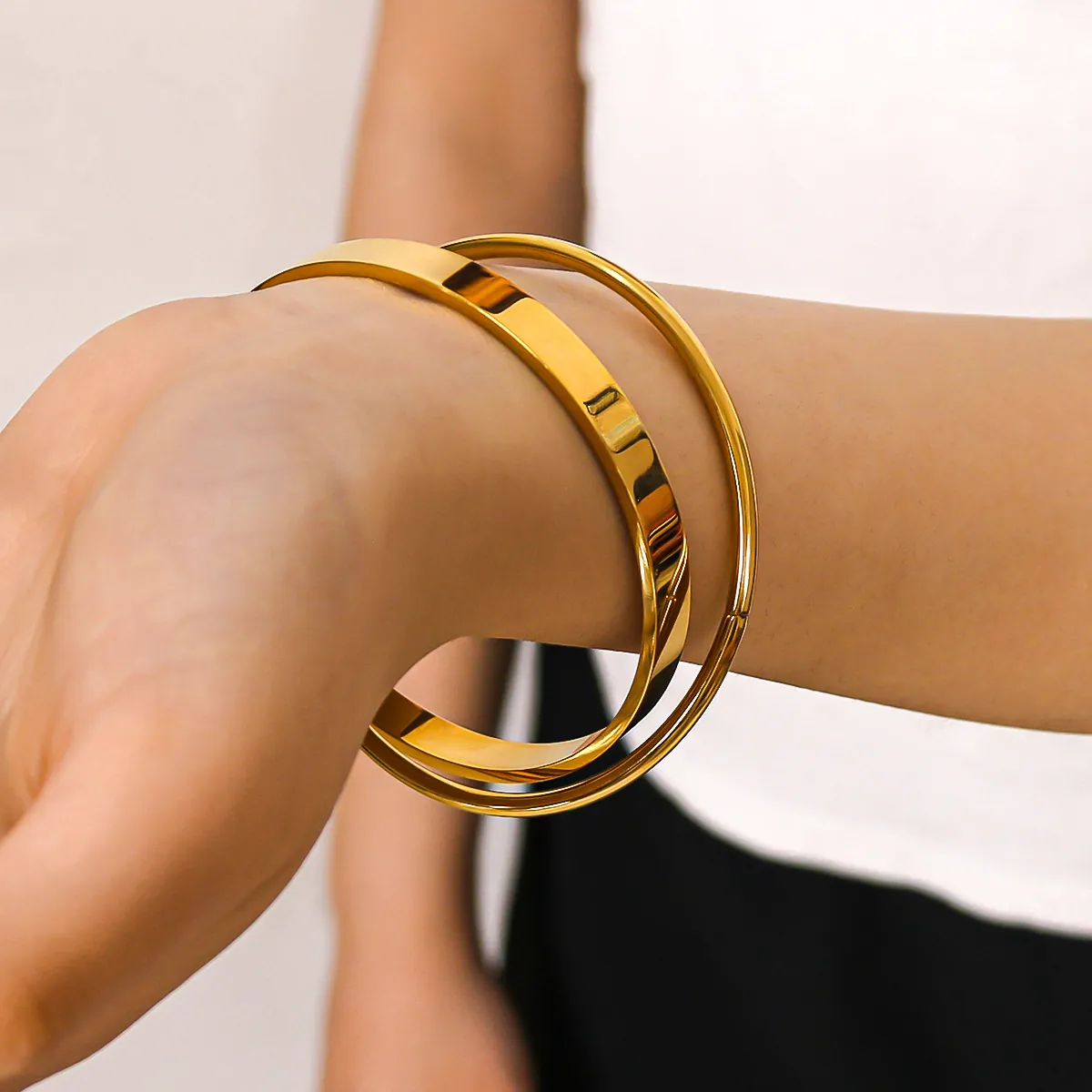 Minimalist Stainless Steel Double Layer Bangle Bracelet Gold Plated Irregular Smooth Jewelry For Women Ins Style