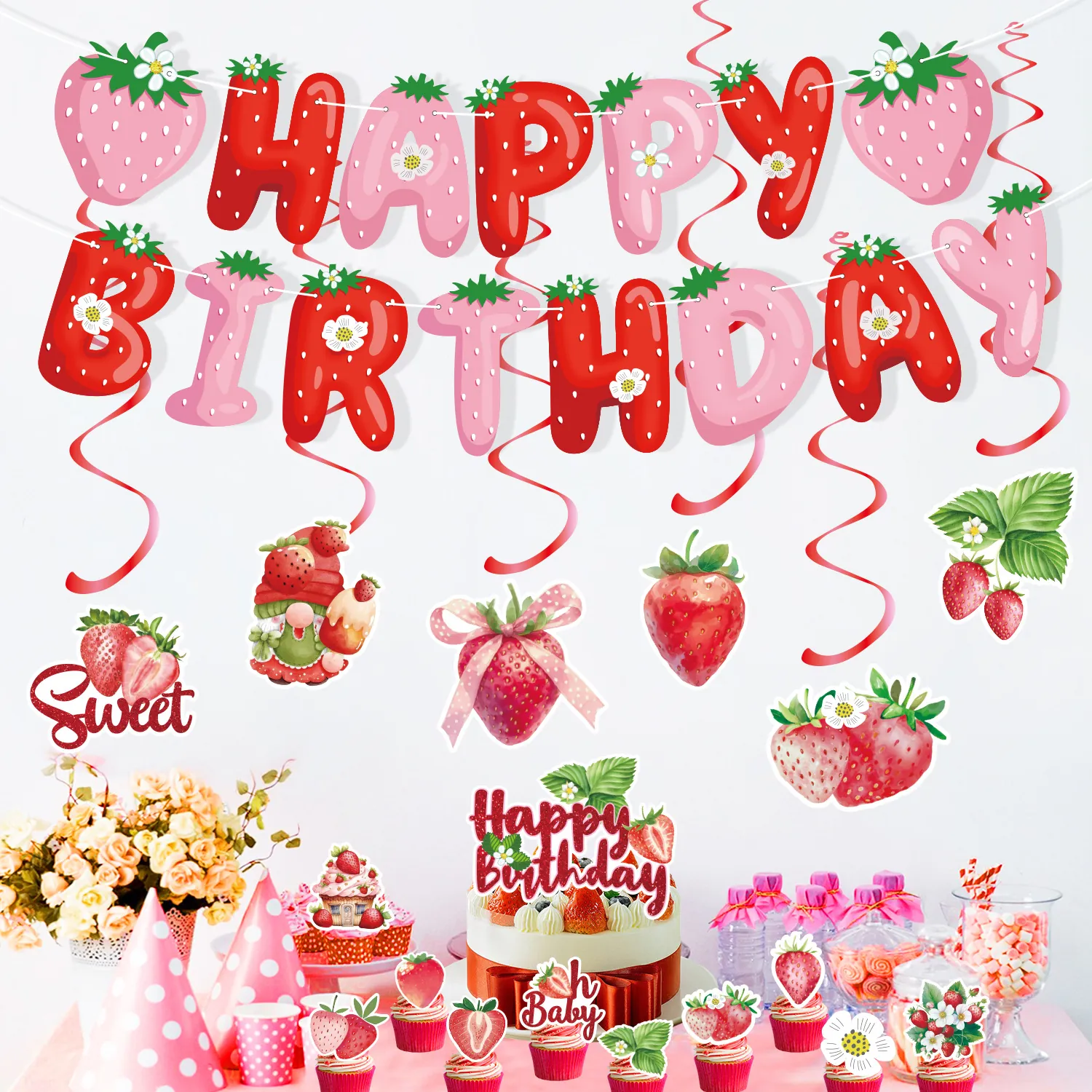 Strawberry Theme Birthday Party Decorations Paper Banner Hanging Swirls Cake Toppers Sweet Oh Baby Cute Decor