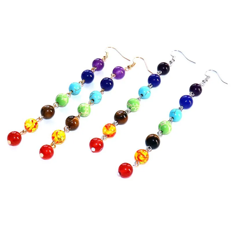 Boho Rainbow Seven Chakra Natural Stone Bead Long Dangle Earrings For Women Yoga Healing Meditation Jewelry