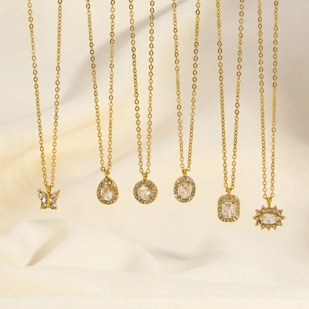 Collier À Pendentif En Acier Inoxydable Et Zircon Pour Femmes Plaqué Or PVD Hypoallergénique Imperméable Bijoux Goutte Papillon