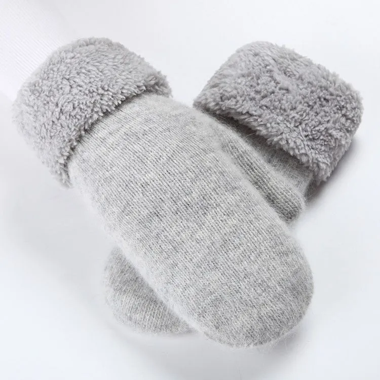 Winter Mittens For Women Thick Warm Knitted Gloves With Plush Faux Fur Cuffs Solid Color Cute Windproof Cold Weather