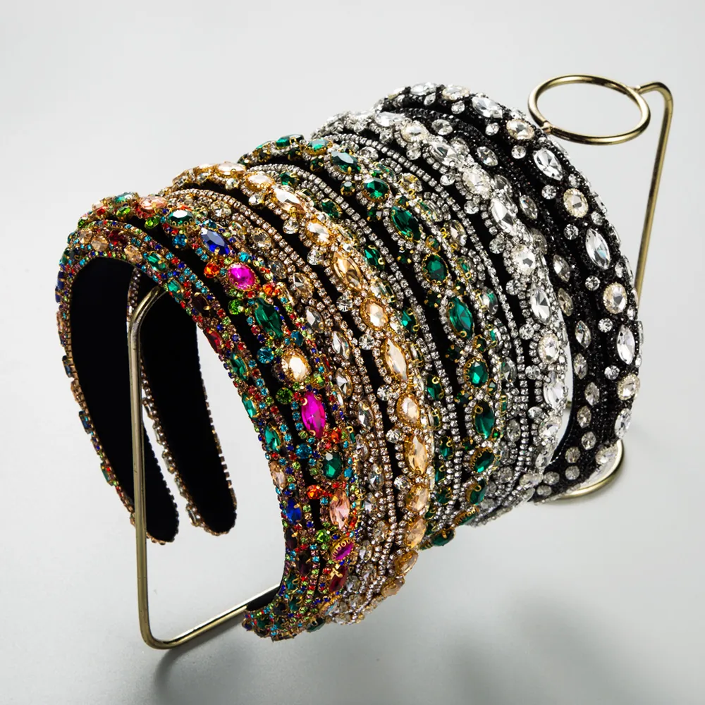 Serre-Tête Baroque En Strass Femmes Vintage Large Velours Éponge Rembourré Bandeau Luxe Accessoires Cheveux Étincelants