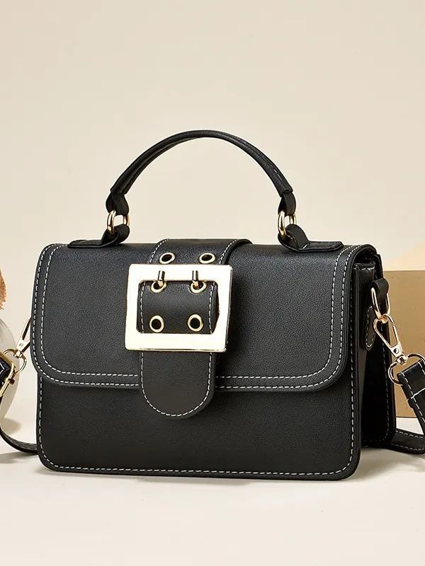 Women PU Leather Crossbody Bag Retro Small Square Handbag With Gold Buckle Contrast Stitching Fashion Shoulder Purse