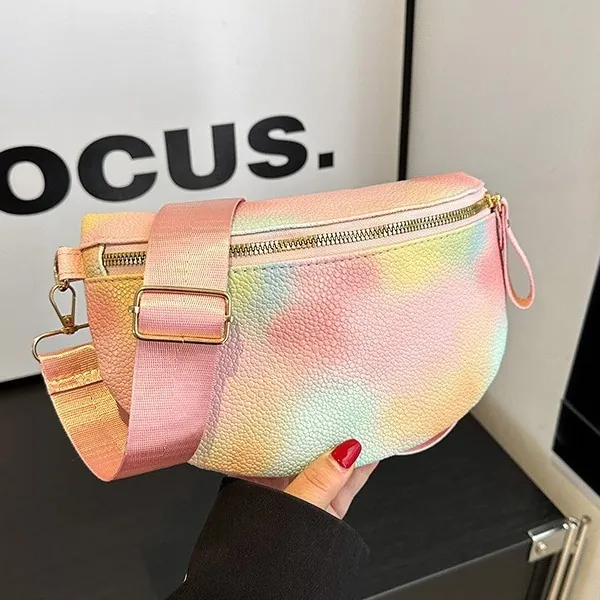 Women Rainbow Gradient Waist Bag Lychee Texture PU Leather Fashion Crossbody Chest Bag Wide Webbing Strap Half Moon Purse