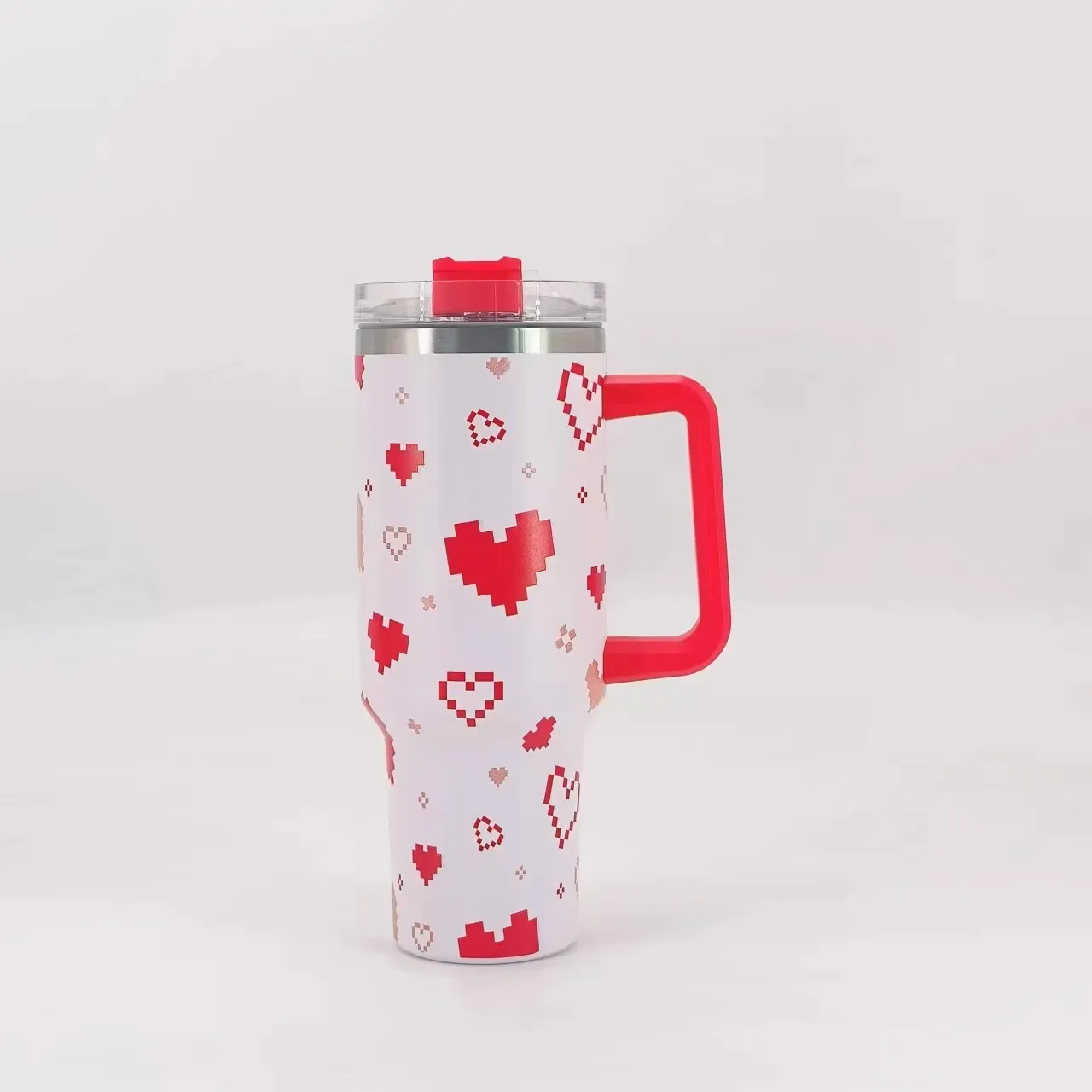 Stainless Steel Insulated Tumbler With Handle Lid Straw Pixel Heart Pattern Valentines Day Vacuum Car Mug Portable Travel Gift