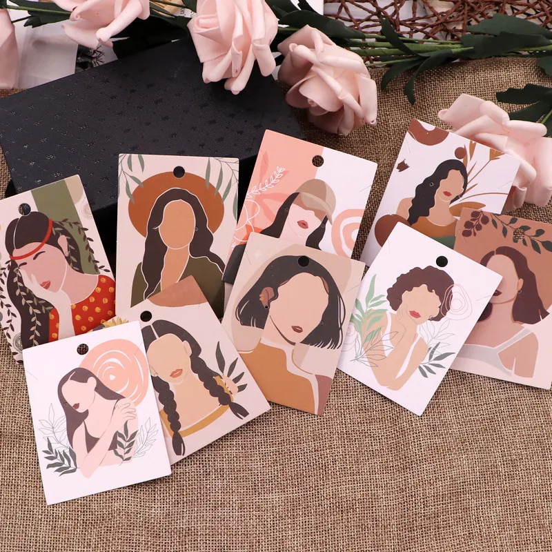 Earring Necklace Display Cards Paper Cardboard Jewelry Packaging Abstract Female Illustration Portrait Hanging Hole