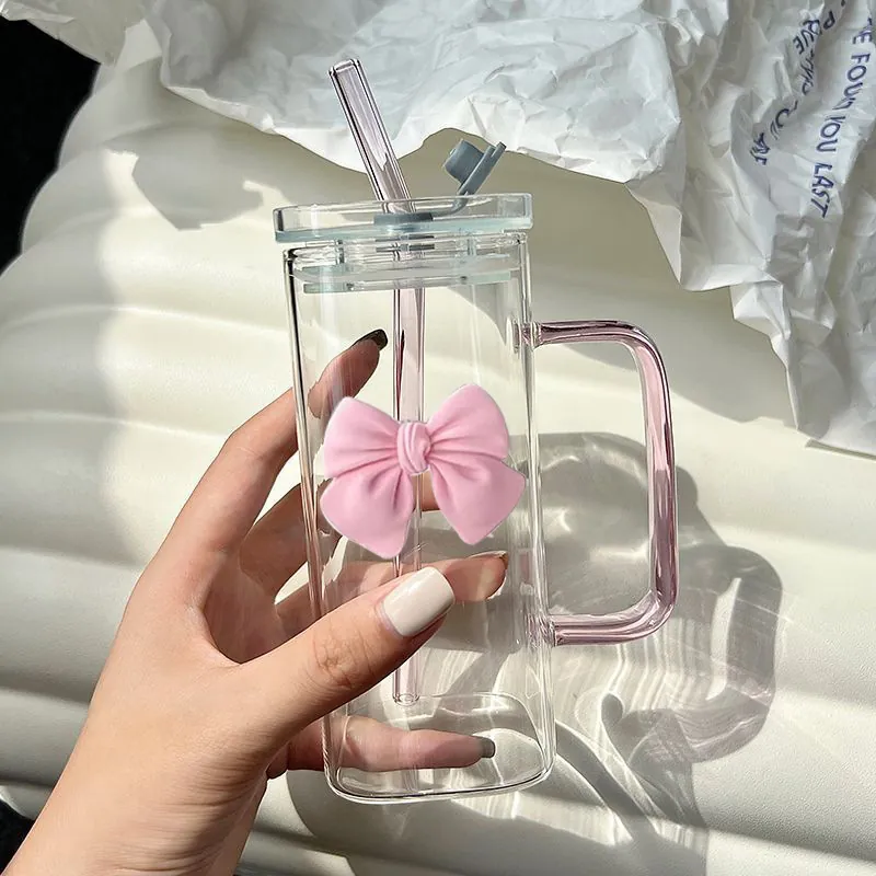 Square Borosilicate Glass Cup With Handle Straw Bowknot Decor Heat Resistant Clear Drinking Mug For Coffee Milk Tea