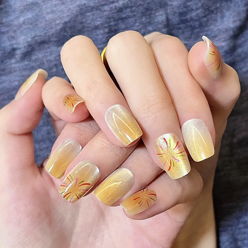 Firework Cat Eye Press On Nails Magnetic Gradient Golden Glitter Fake Nail Tips Reusable Artificial Manicure