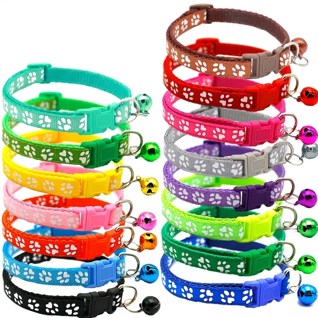 Adjustable Pet Collar With Bell Paw Print Heart Pattern PVC PP Material Quick Release Buckle For Cats And Small Dogs