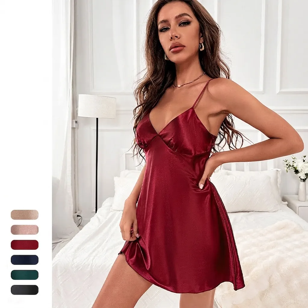 Nuisette En Satin Femmes Col En V Fines Bretelles Vêtements De Nuit Plissé Imitation Satin Sexy Dos Nu Pyjama Robe