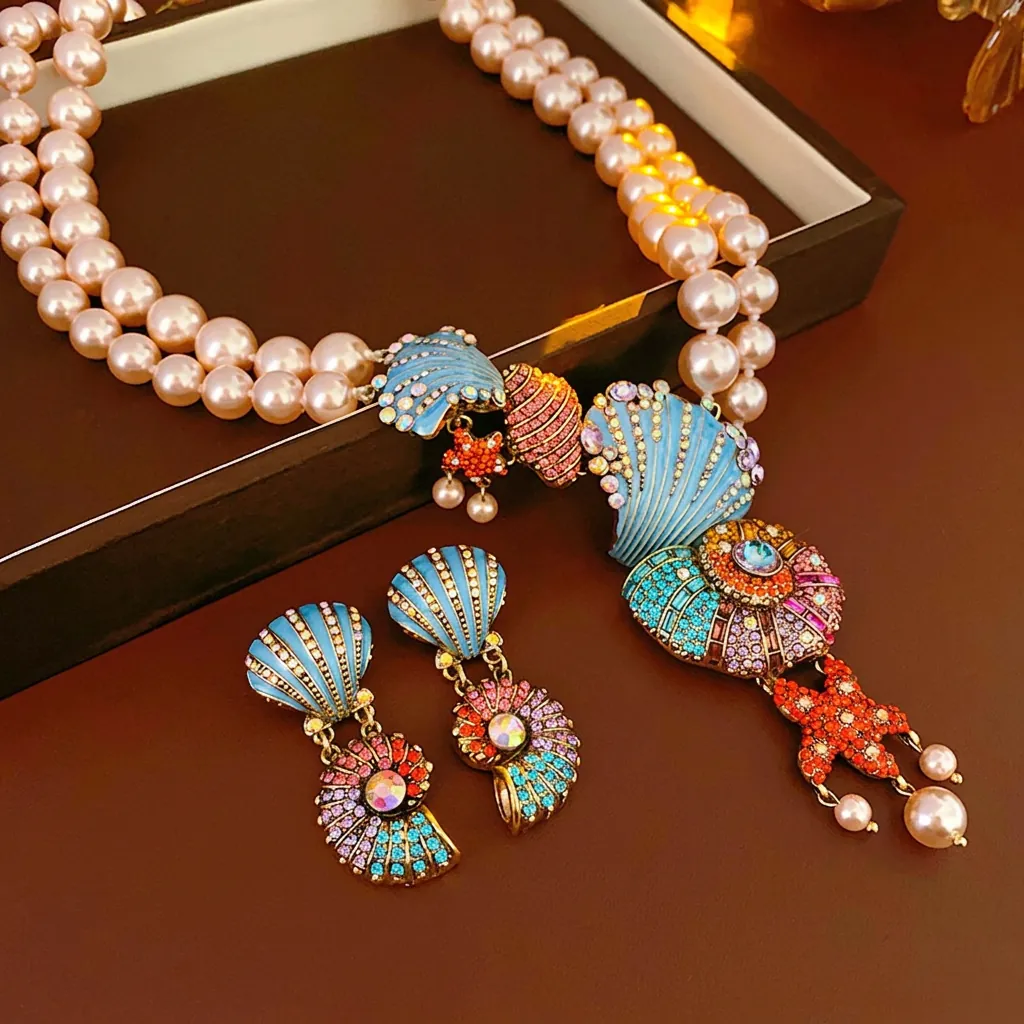 Vintage Double Layer Artificial Pearl Necklace And Earrings Alloy Rhinestone Enamel Seashell Starfish Silver Earring Post For Women