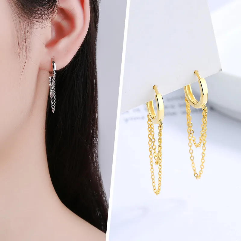 925 Sterlingsilber Quastenkette Creolen Für Damen Lange Drop Dangle Minimalistisch Gold Silber Galvanisiert Modeschmuck