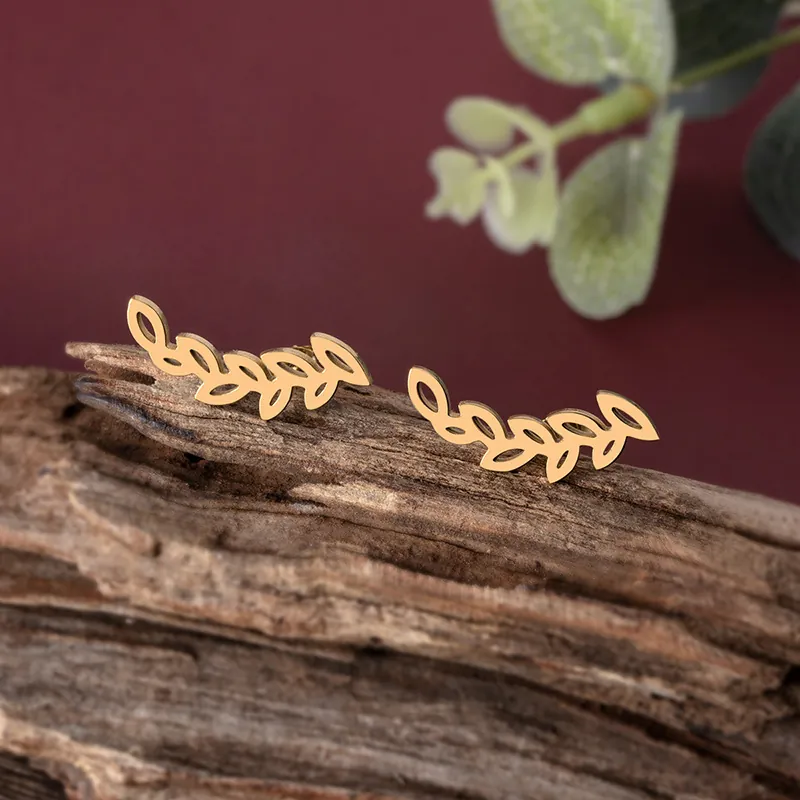 Minimalist Leaf Stud Earrings Gold Plated Stainless Steel Hollow Olive Branch Nature Inspired Forest Style Jewelry For Women