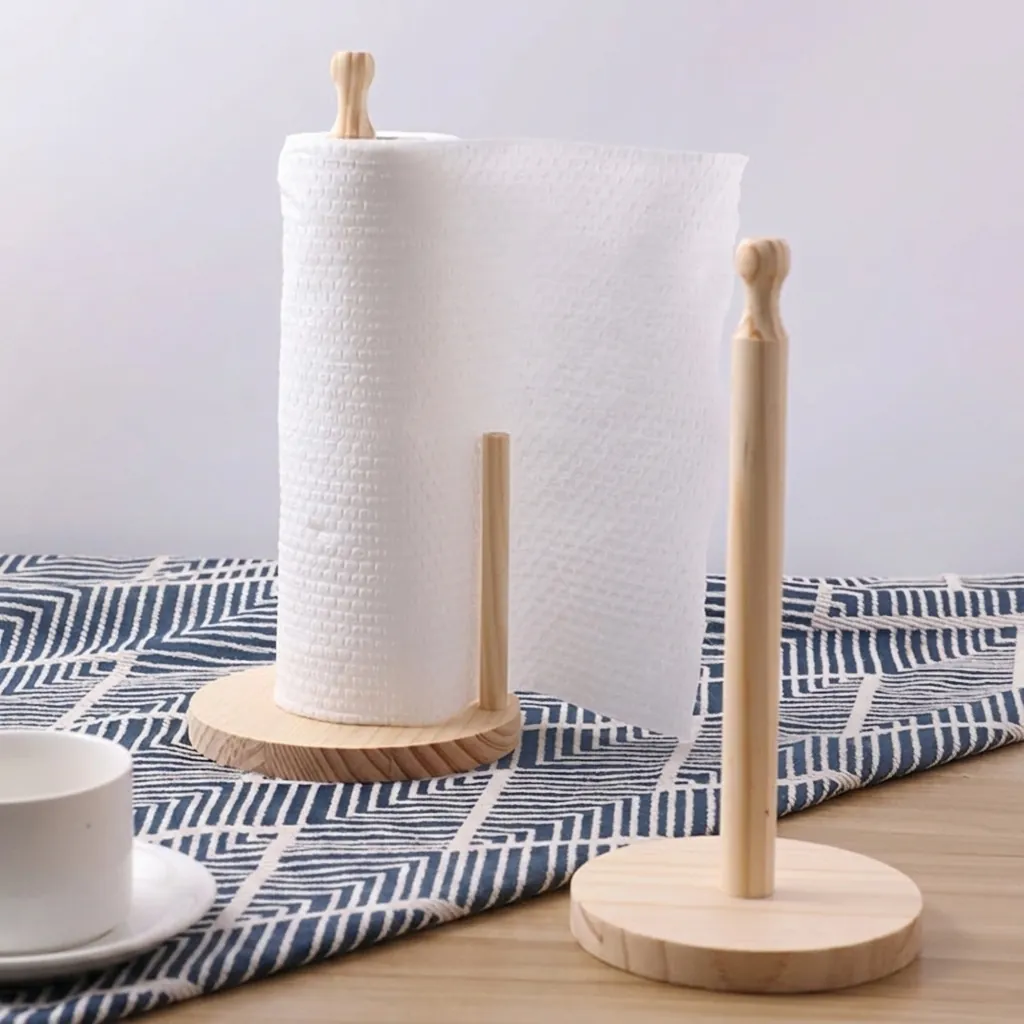 Wood Paper Towel Holder Vertical Kitchen Roll Dispenser Desktop Storage Stand Modern Pine Wood Minimalist