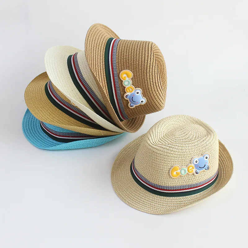 Kids Fedora Straw Hat Summer Sun Protection Breathable Beach Cap With Cartoon Patch Striped Ribbon For Toddler Boys Girls