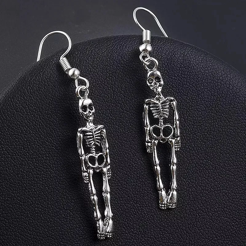 Gothic Retro Skull Skeleton Pendant Earrings Vintage Silver Color Zinc Alloy For Halloween Punk Party Accessory