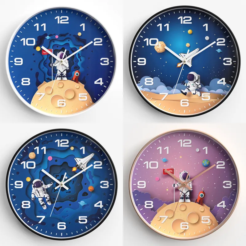 Space Astronaut Theme Wall Clock Silent Quartz Movement Round Decorative Timepiece Kids Room Bedroom Office Plastic Frame