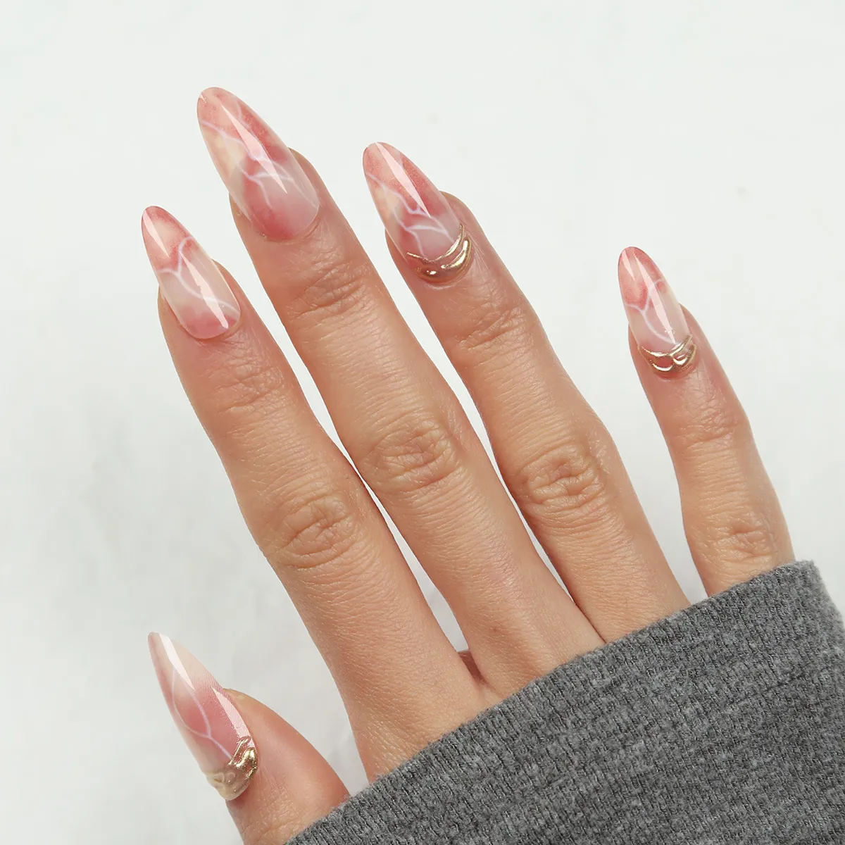 Press On Nails Long Stiletto Pink Marble Pattern With 3D Golden Line Accents Artificial Resin False Fingernails