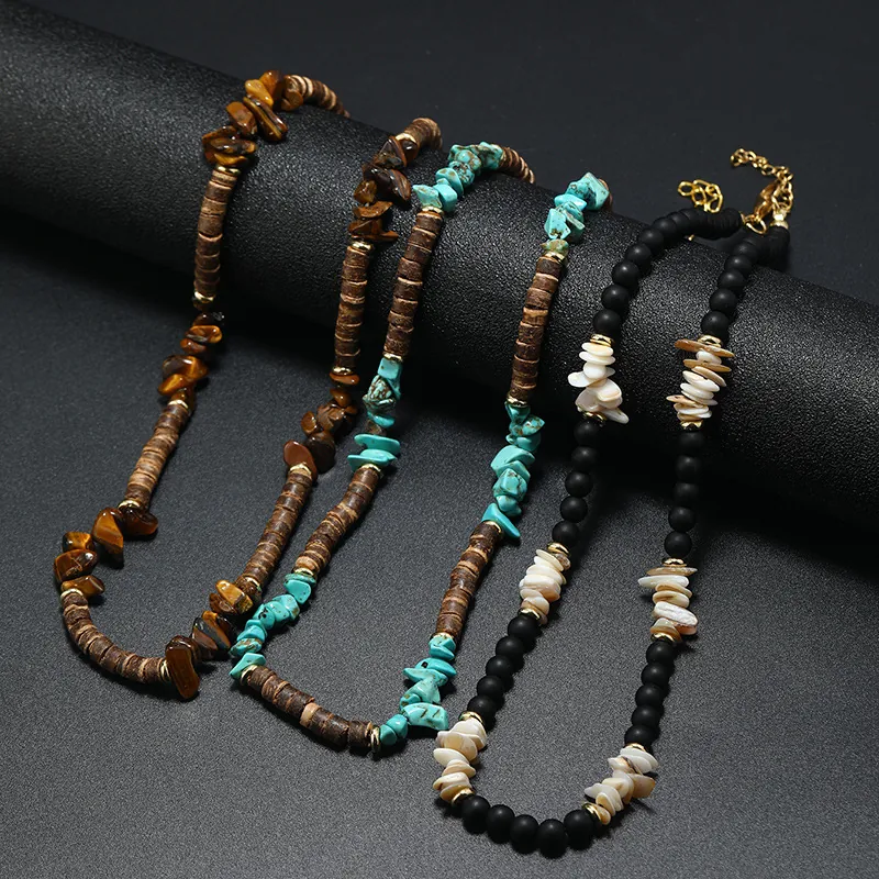 Collier Perlé Bohème Avec Gravier De Turquoise Coque De Noix De Coco Et Oeil De Tigre Bijoux Surf Punk Pour Hommes Femmes