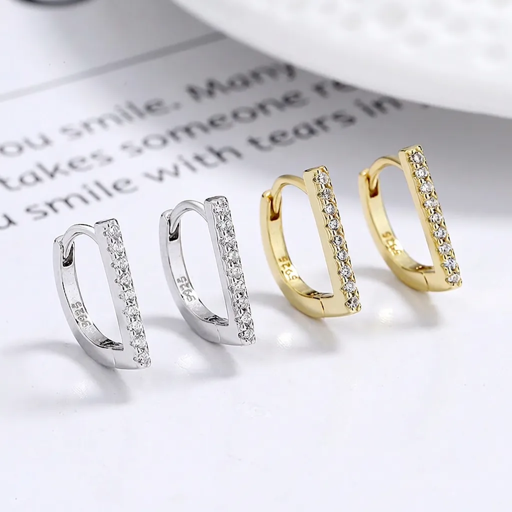 925 Sterling Silver D-Shaped Hoop Earrings For Women Minimalist Pavé Zircon CZ Elegant Fashion Jewelry
