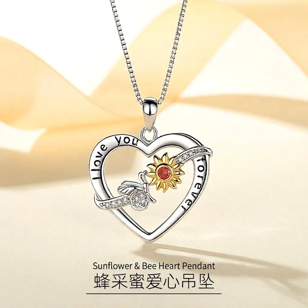 925 Sterling Silver Heart Pendant Necklace With Gold Plated Sunflower Bee Engraved I Love You Forever For Women