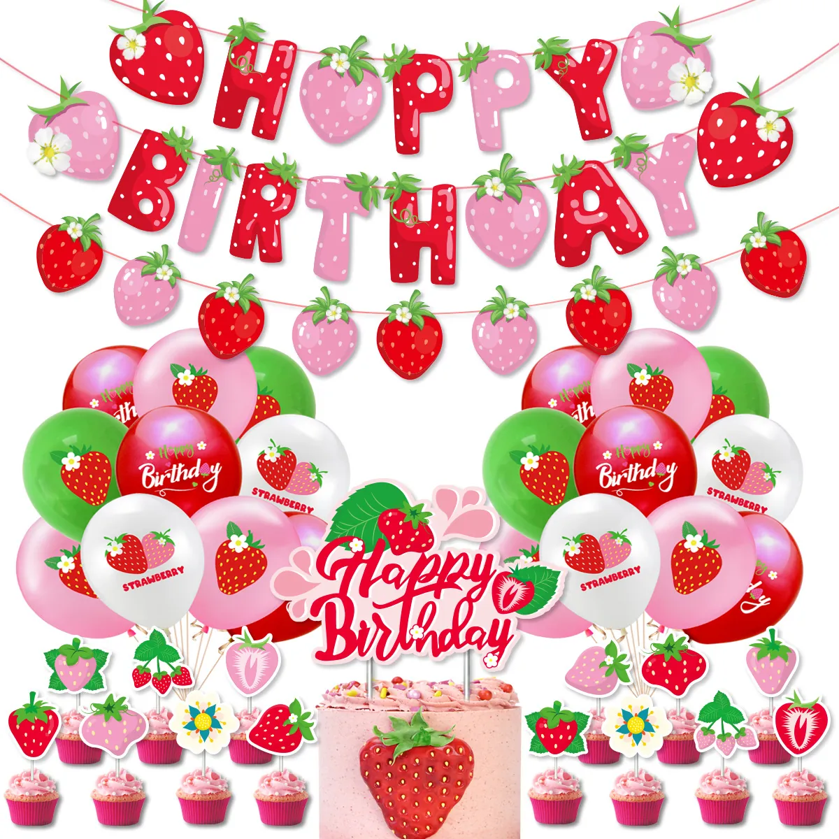 Strawberry Theme Birthday Party Decorations Paper Banner Latex Balloons Cake Toppers Fruit Style Celebration Ornaments