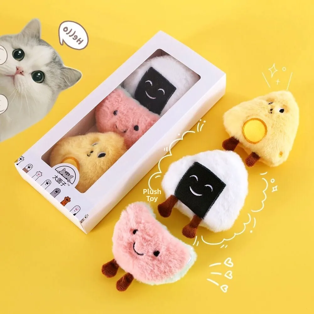 Plush Cat Toy Catnip Bell Inside Interactive Kitten Play Cartoon Food Shape Onigiri Fried Egg Soft Cute