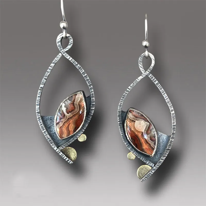 Vintage Bohemian Drop Earrings Alloy With Natural Stone Enamel Teardrop Geometric Ethnic Jewelry For Women