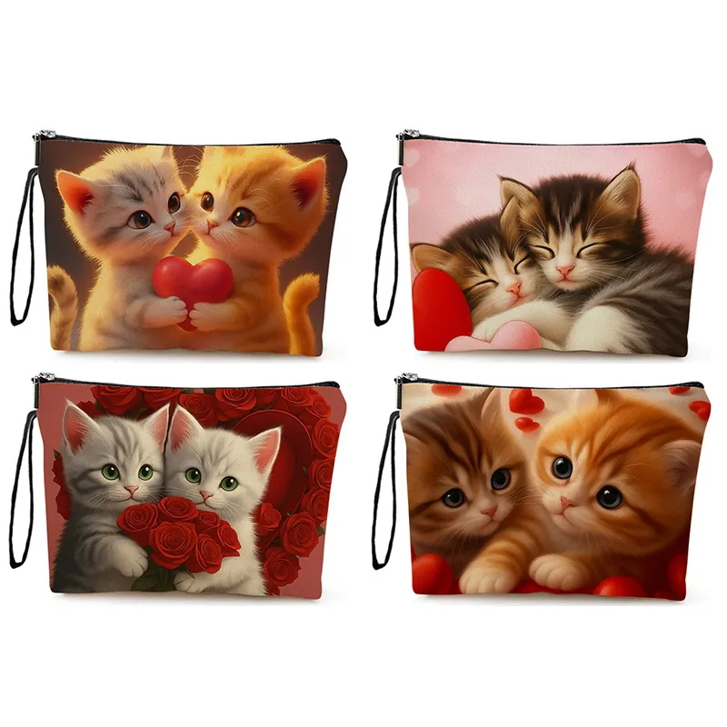 Sac Cosmétique À Fermeture Éclair Texture Lin Chat Dessin Animé Mignon Imprimé Cœur Pochette De Rangement Voyage