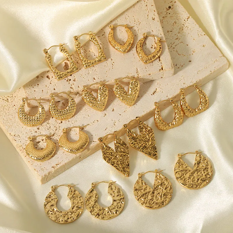 Boucles D'oreilles Créoles Martalées Femmes Acier Inoxydable Plaqué Or 18K Géométrique Huggie Hypoallergénique Bijoux