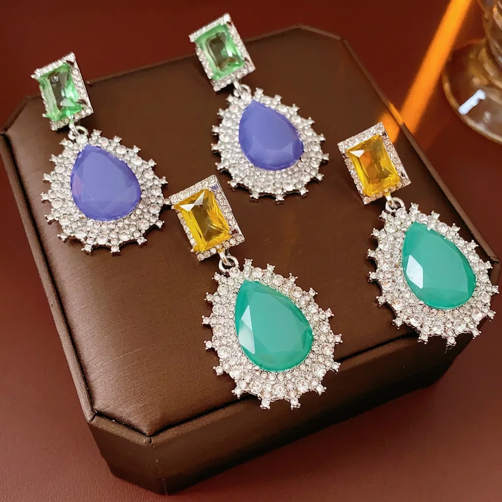 Boucles D'oreilles Pendantes Goutte D'eau Vintage Style Palais Avec Silver Earring Post Alliage Pierre Précieuse Femme