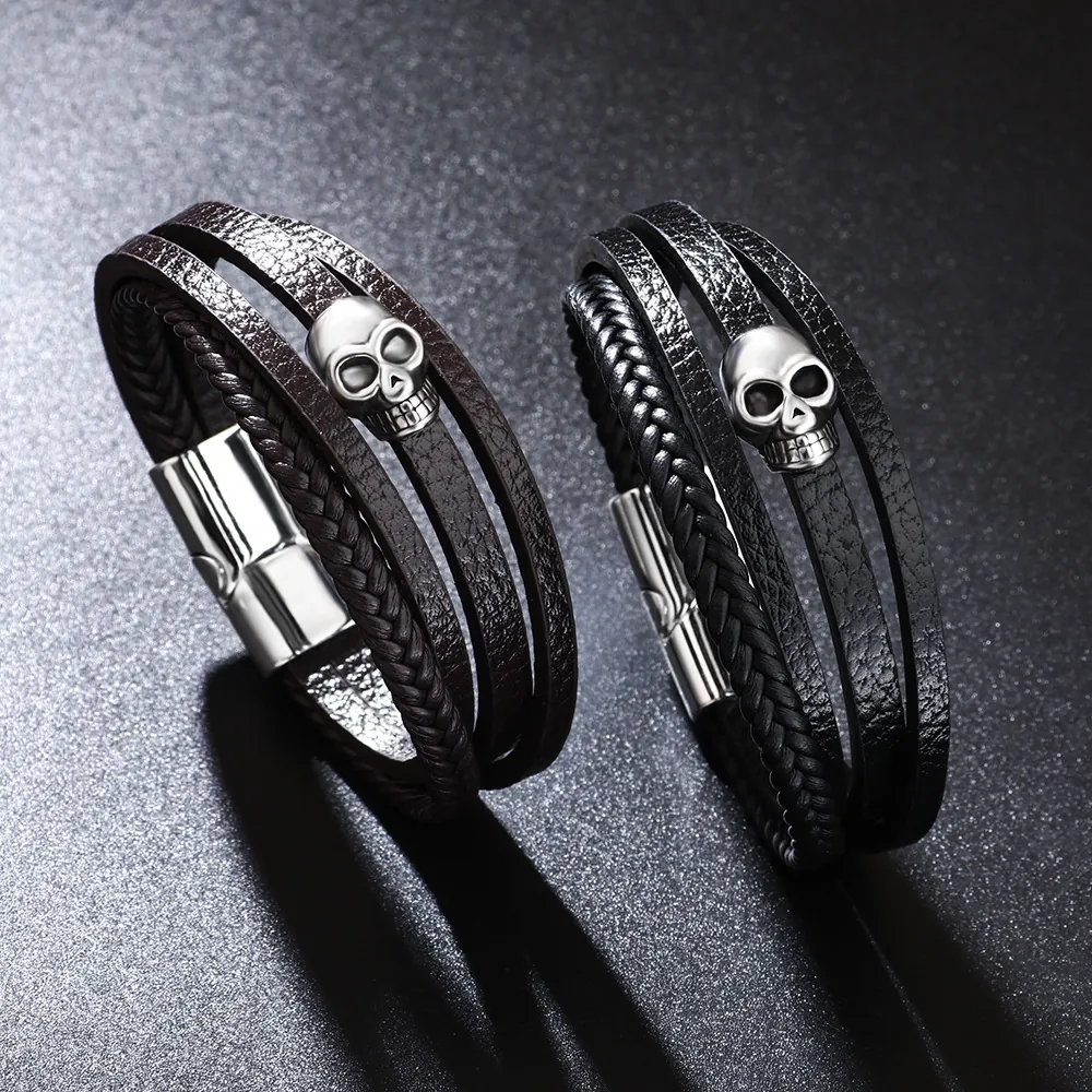 Bracelet Homme Multicouche Cuir PU Tressé Avec Crâne En Alliage Fermoir Magnétique Punk Gothique Bijoux
