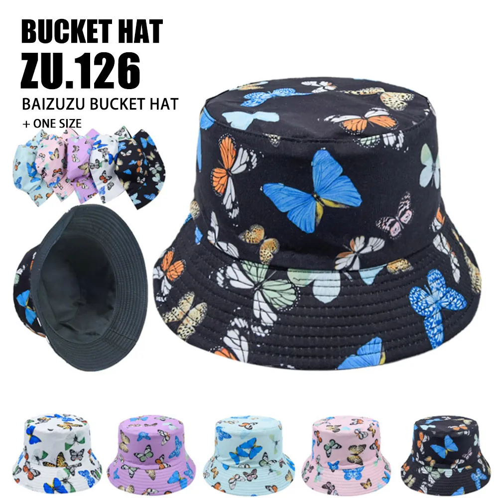 Butterfly Print Reversible Cotton Bucket Hat Women Summer Outdoor Sun Protection Casual Fashion Cap