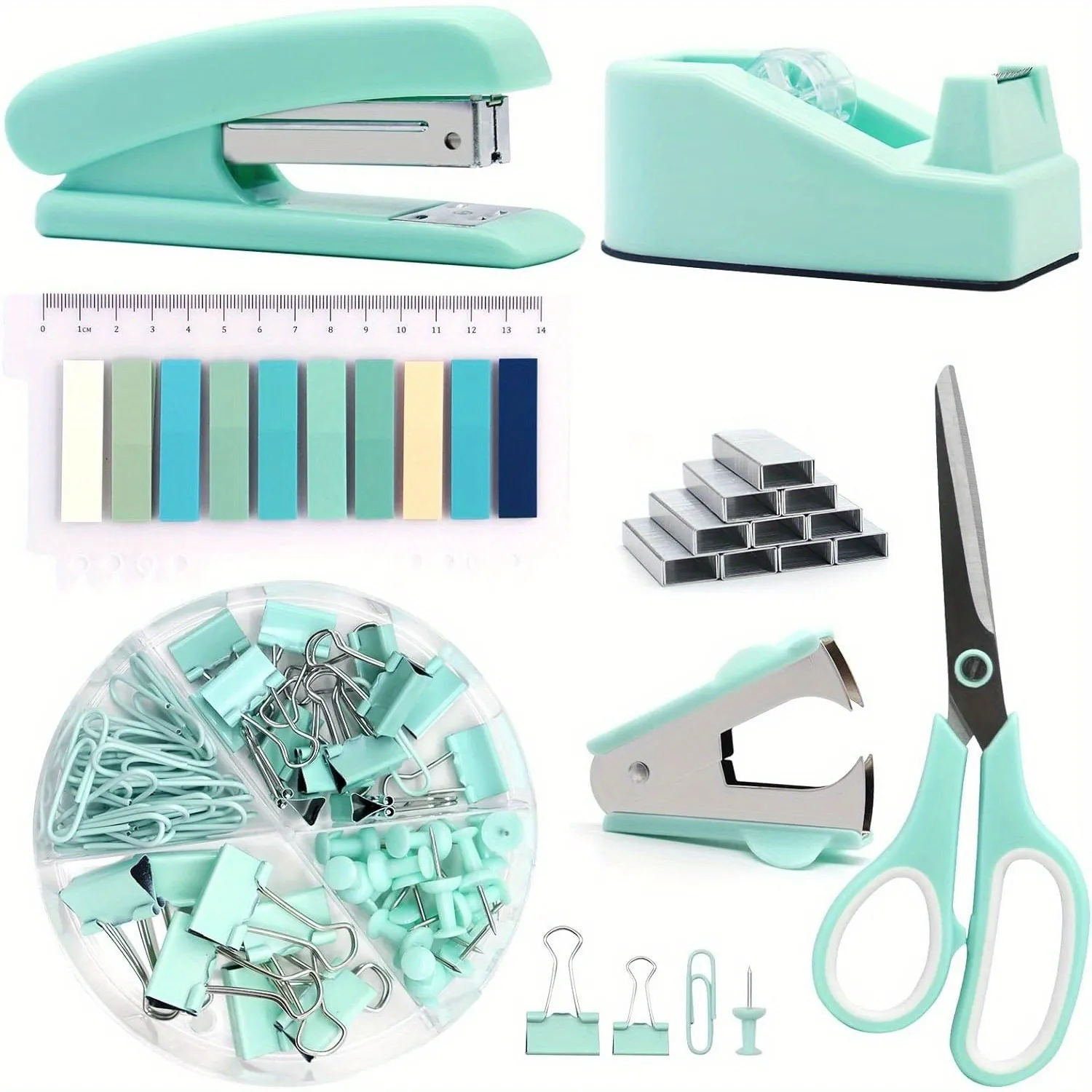 Kit Cancelleria Ufficio Spillatrice Forbici Dispenser Nastro Righello Graffette Levapunti Metallo Plastica