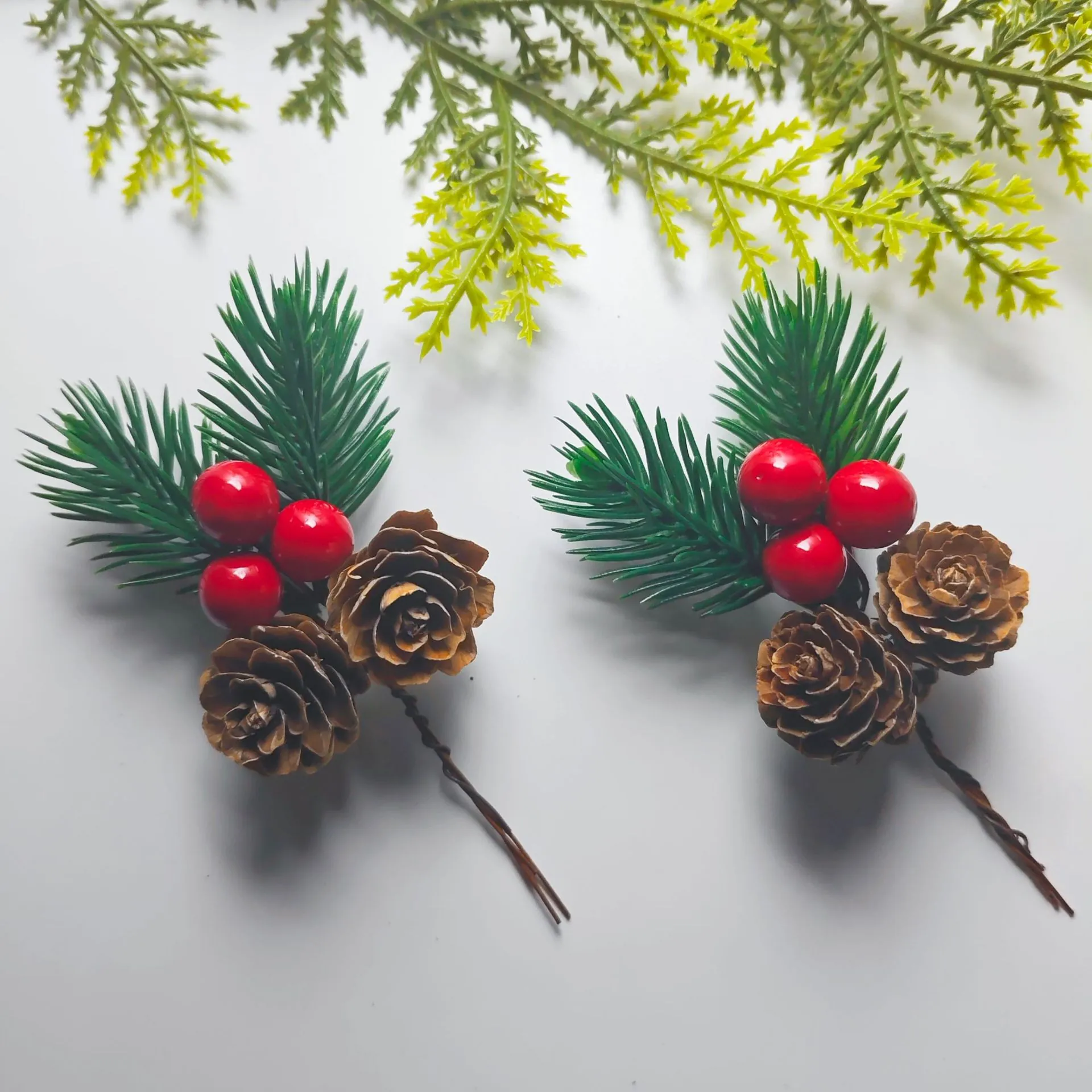 Artificial Christmas Pine Pick With Natural Pine Cones Red Berries And Pine Needles For DIY Holiday Decoration