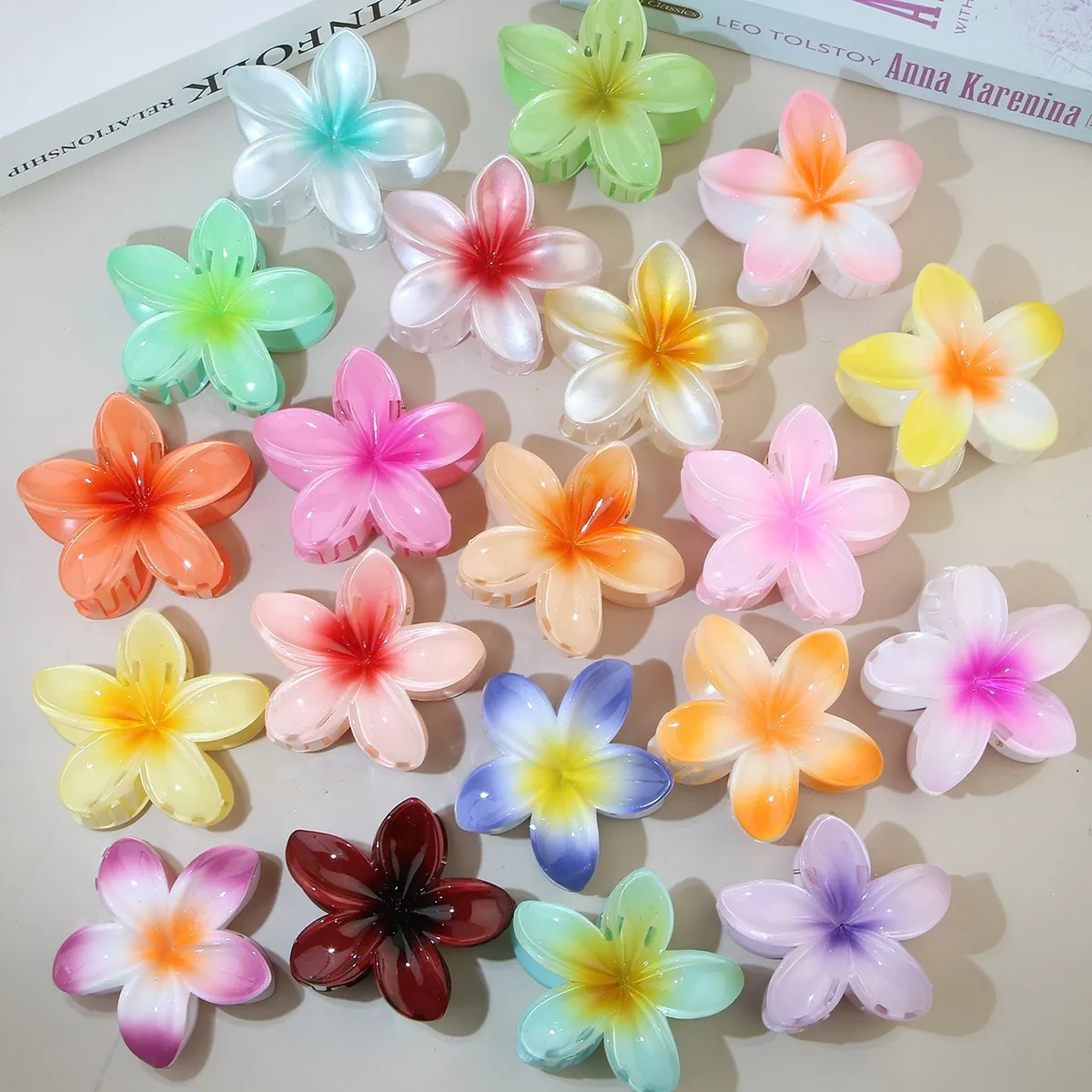 Plumeria Flower Hair Claw Clips PS Plastic Gradient Floral Shark Clip For Women Summer Holiday Hair Accessories