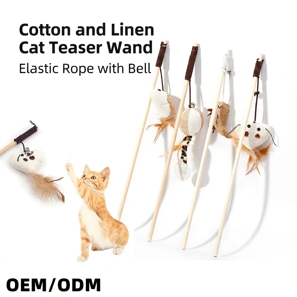 Interactive Cat Teaser Wand Toy Natural Wooden Pole Linen Animal Shapes Feathers Bell Elastic Rope For Kitten Exercise