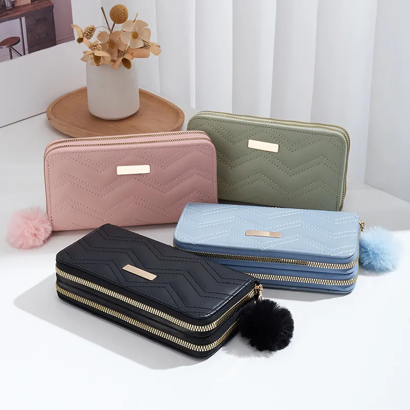 Women Long Wallet PU Leather Chevron Quilted Double Zipper Clutch Purse With Wristlet And Pompom Elegant Style