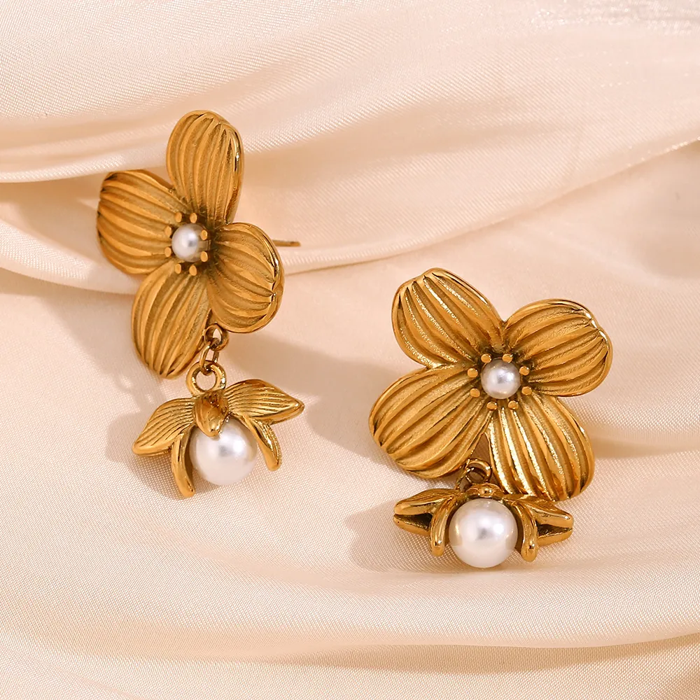 Flower Stud Earrings Stainless Steel 18K Gold Plated With Imitation Artificial Pearl Vintage Creative Fashion Jewelry For Women