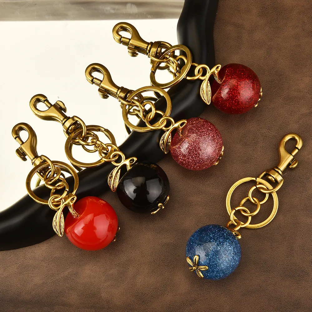 Apple Shape Keychain Resin Glitter Fruit Bag Charm Alloy Leaf Pendant Fashion Jewelry For Women