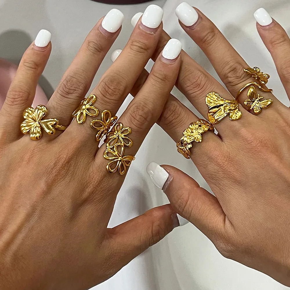 Stainless Steel Flower Leaf Butterfly Open Adjustable Ring For Women Gold Plated Waterproof Hypoallergenic Chic Jewelry