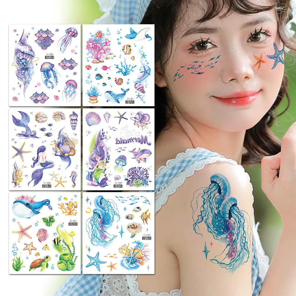 Waterproof Temporary Tattoo Stickers Glitter Butterfly Mermaid Ocean Flower Body Art Face Decals Long Lasting For Women