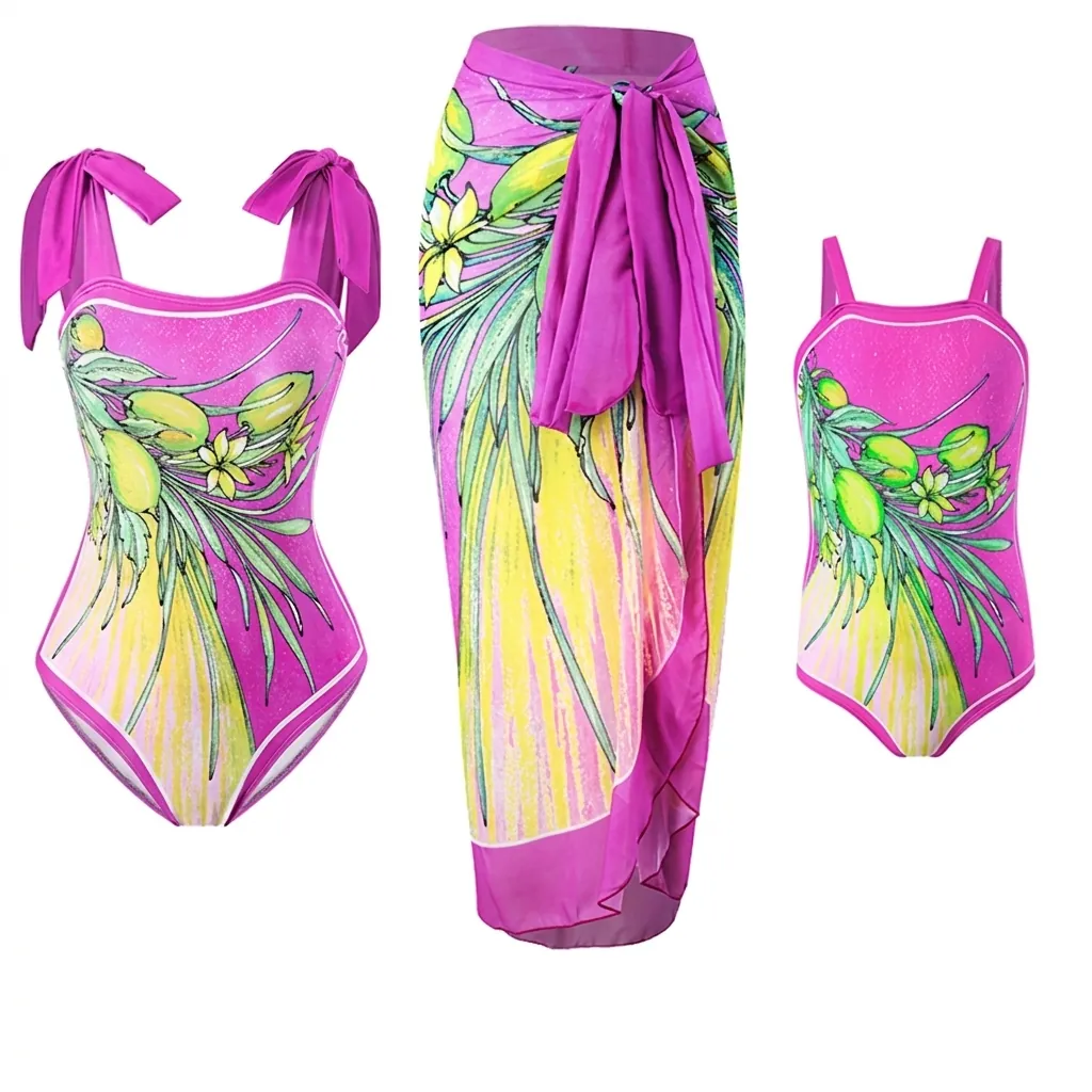 Women One Piece Swimsuit Floral Print Bow Shoulder Straps Mesh Skirt Swimwear Parent Child Matching Outfits Polyester