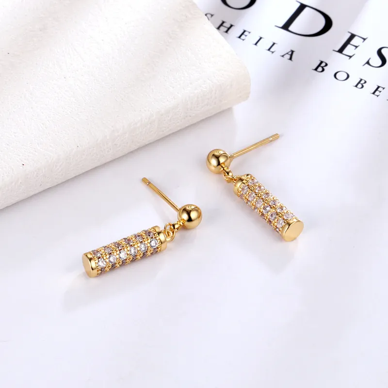 Cylinder Pendant Earrings With Micro Pave Zircon Brass And 925 Sterling Silver Earring Post Geometric Gold Plated Women