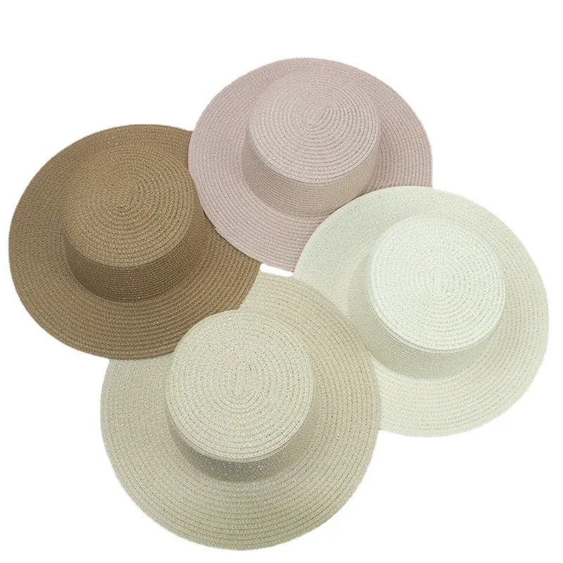 Women Boater Hat Cotton Linen Woven Breathable Wide Brim Sun Protection Summer Beach Vacation Elegant Plain Color