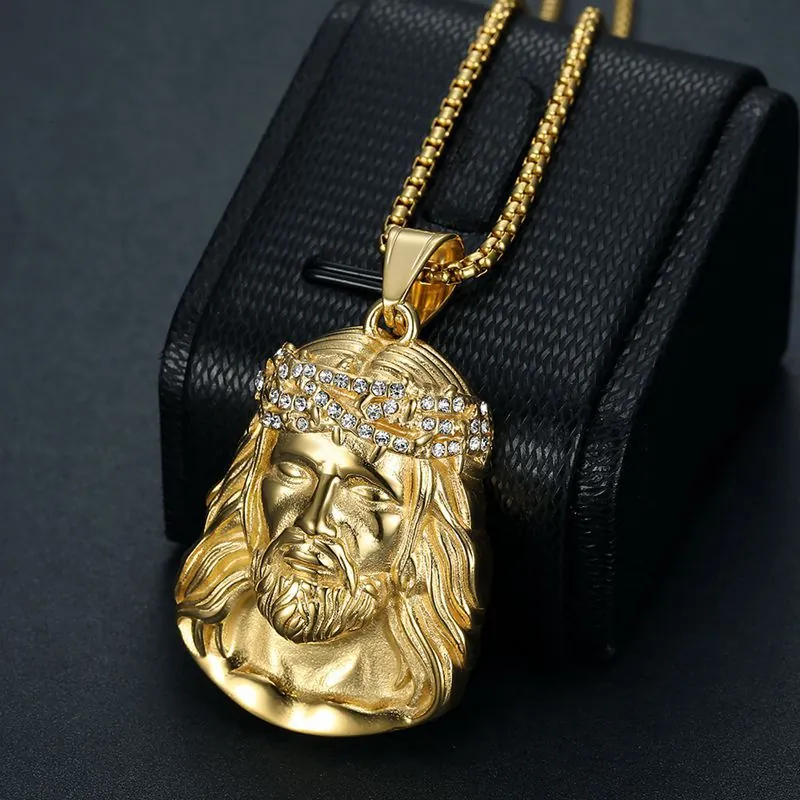 Jesus Head Pendant Necklace Stainless Steel Gold Plated Rhinestone Crown Of Thorns Hip Hop Streetwear Men Jewelry Box Chain