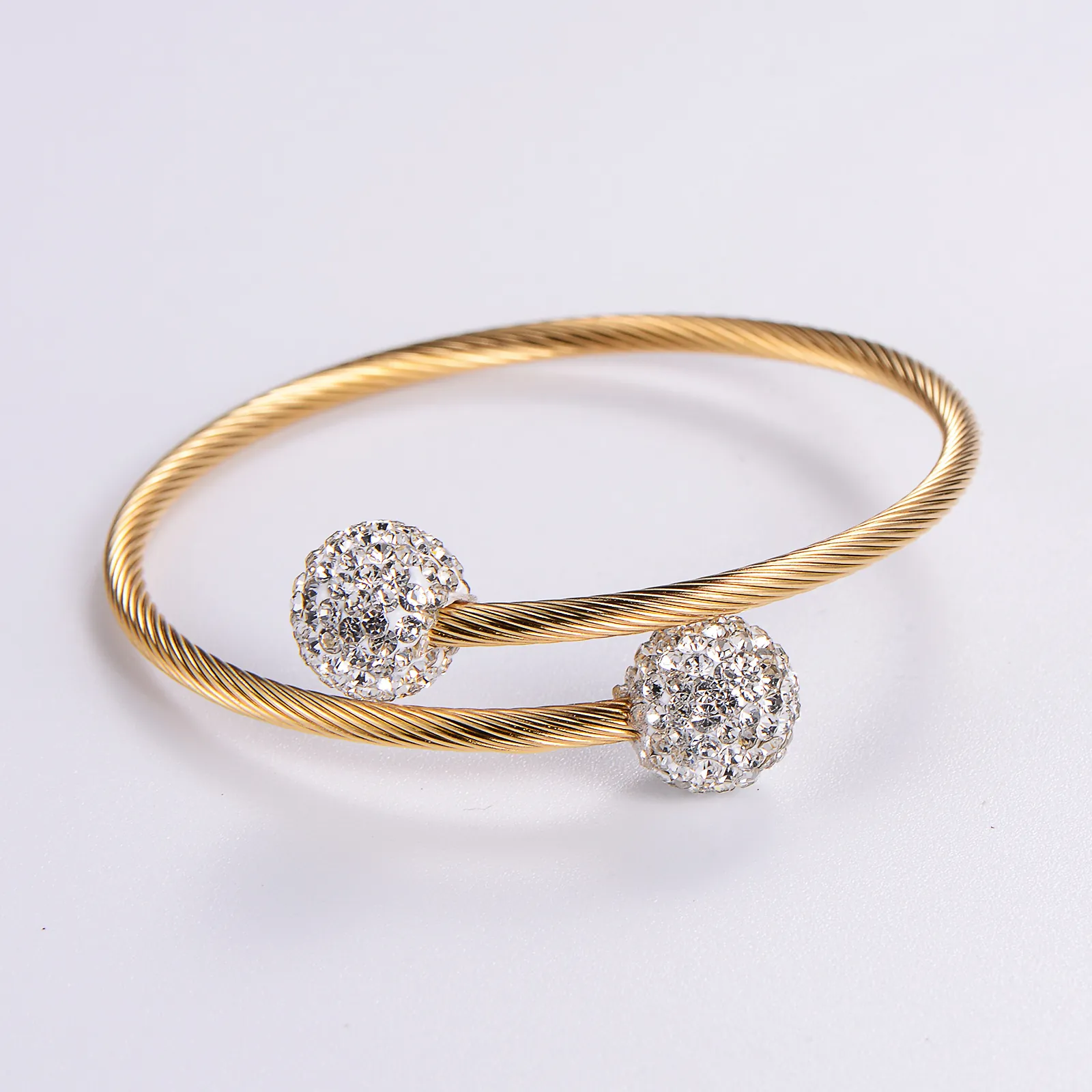 Minimalist 316L Stainless Steel Open Cuff Bracelet Gold Plated Twisted Wire Cable Rhinestone Pave Ball Ends For Women
